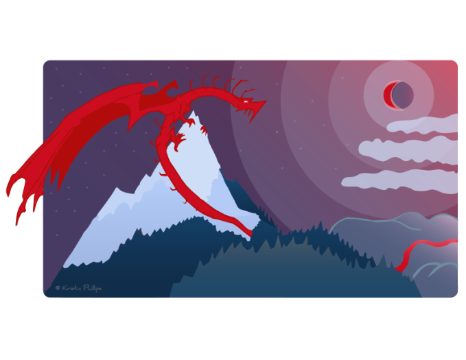 Image: Artwork depicting a red dragon perching on top of a mountain. Art work is stylized with a minimal color palette of reds, blues, and purples.